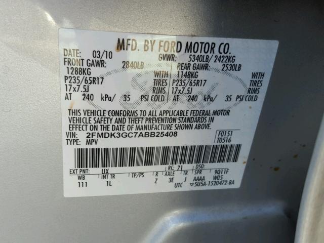 2FMDK3GC7ABB25408 - 2010 FORD EDGE SE SILVER photo 10