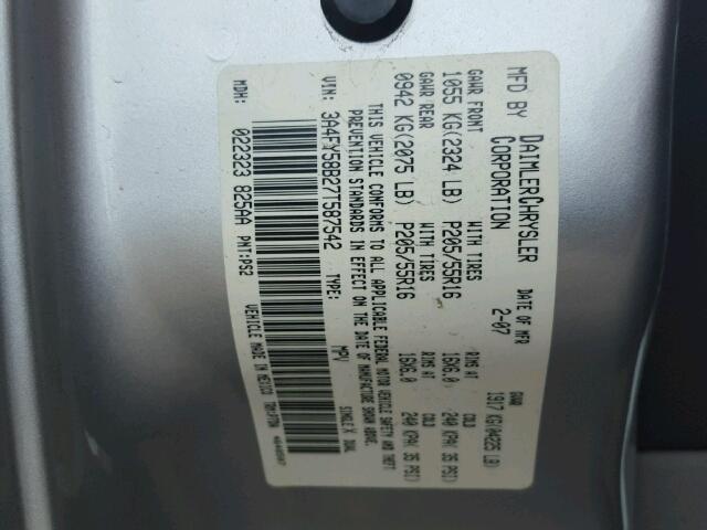 3A4FY58B27T587542 - 2007 CHRYSLER PT CRUISER SILVER photo 10