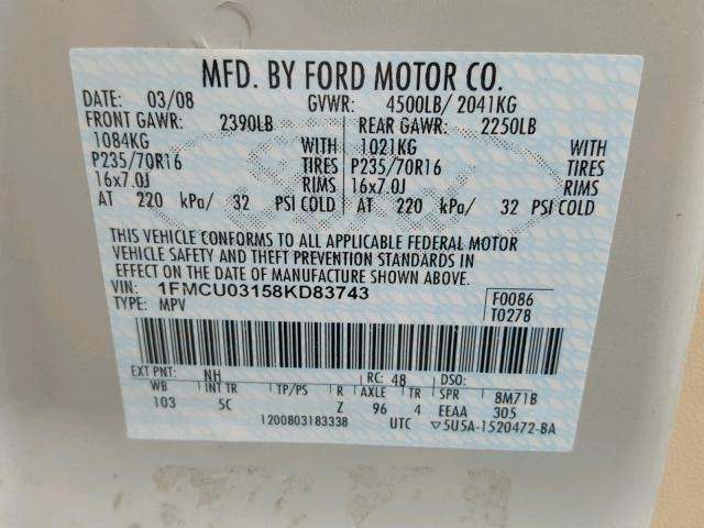 1FMCU03158KD83743 - 2008 FORD ESCAPE XLT CREAM photo 10