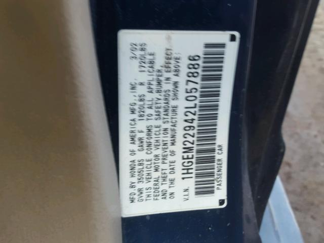 1HGEM22942L057886 - 2002 HONDA CIVIC EX ლურჯი ფოტო 10