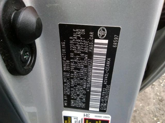 4T1BE46K49U886237 - 2009 TOYOTA CAMRY BASE SILVER photo 10