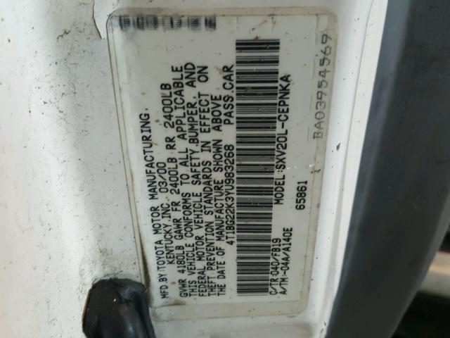 4T1BG22K3YU983268 - 2000 TOYOTA CAMRY CE WHITE photo 10