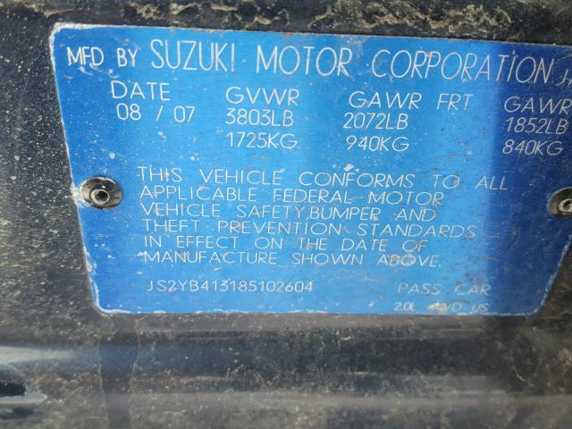 JS2YB413185102604 - 2008 SUZUKI SX4 BASE BLUE photo 10