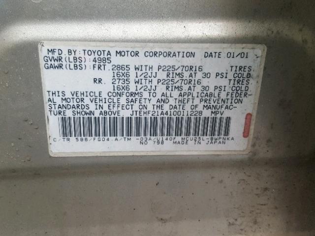 JTEHF21A410011228 - 2001 TOYOTA HIGHLANDER BEIGE photo 10