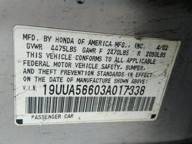 19UUA56603A017338 - 2003 ACURA 3.2TL SILVER photo 10