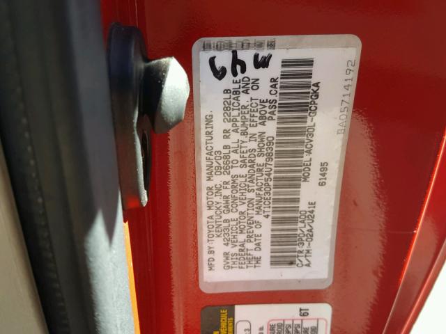 4T1CE30P54U798390 - 2004 TOYOTA CAMRY SOLA RED photo 10