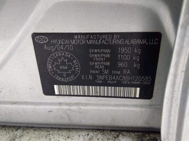 5NPEB4AC8BH120585 - 2011 HYUNDAI SONATA GLS SILVER photo 9