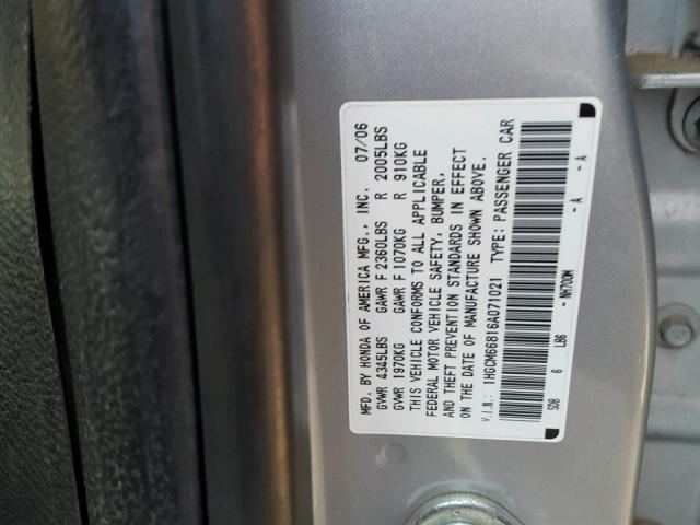 1HGCM66816A071021 - 2006 HONDA ACCORD EX SILVER photo 10