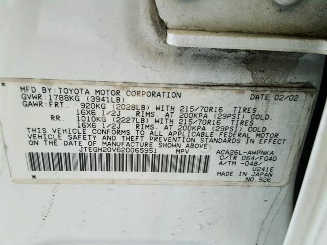 JTEGH20V620065951 - 2002 TOYOTA RAV4 WHITE photo 10