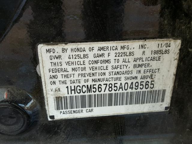 1HGCM56785A049565 - 2005 HONDA ACCORD EX BLACK photo 10