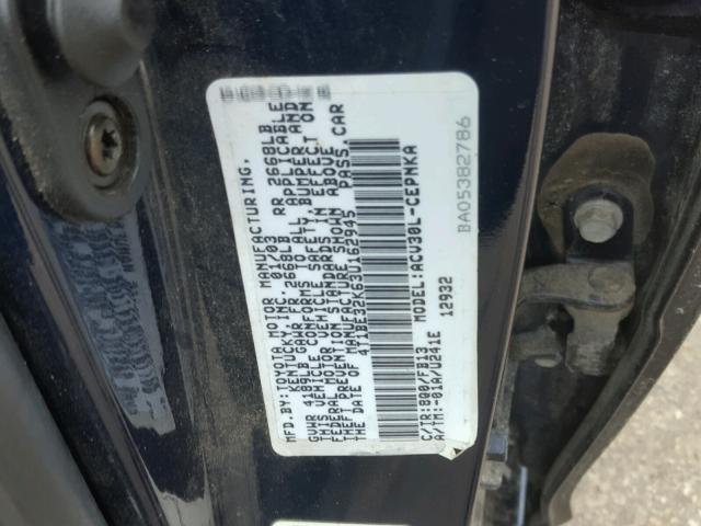 4T1BE32K63U162945 - 2003 TOYOTA CAMRY LE BLUE photo 10