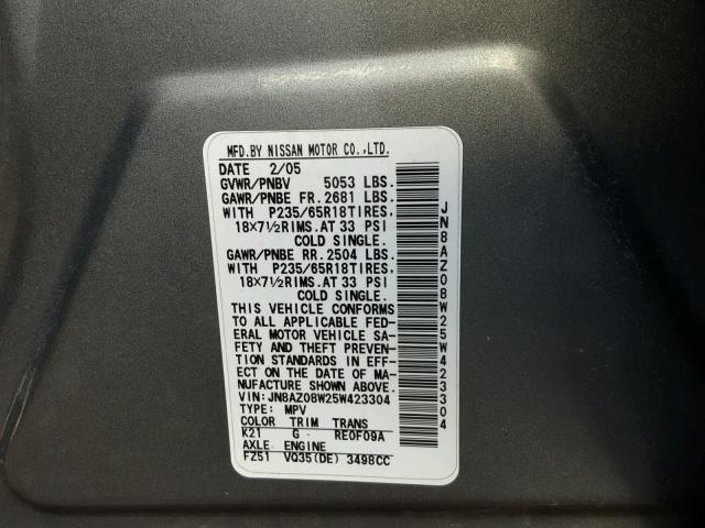 JN8AZ08W25W423304 - 2005 NISSAN MURANO SL GRAY photo 10