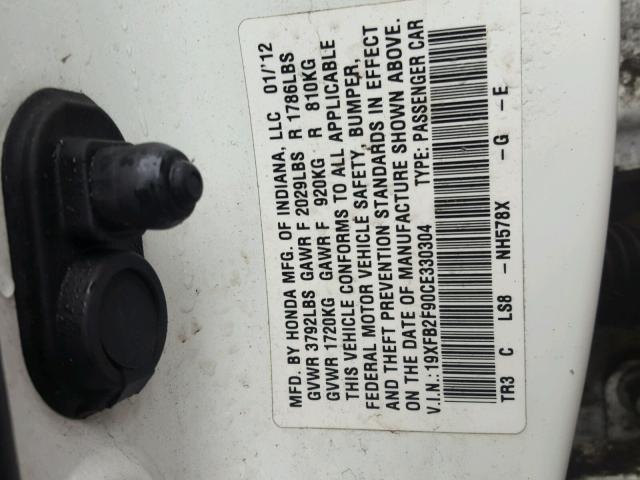 19XFB2F90CE330304 - 2012 HONDA CIVIC EXL WHITE photo 10