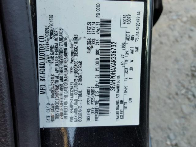 3FAHP0HAXAR326732 - 2010 FORD FUSION SE BLACK photo 10