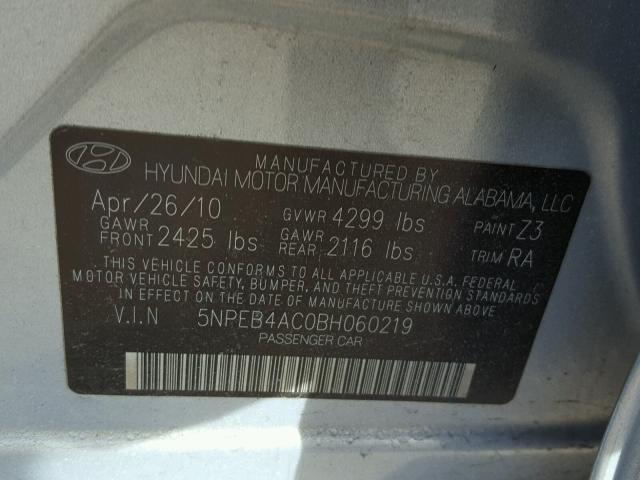 5NPEB4AC0BH060219 - 2011 HYUNDAI SONATA GLS GRAY photo 10