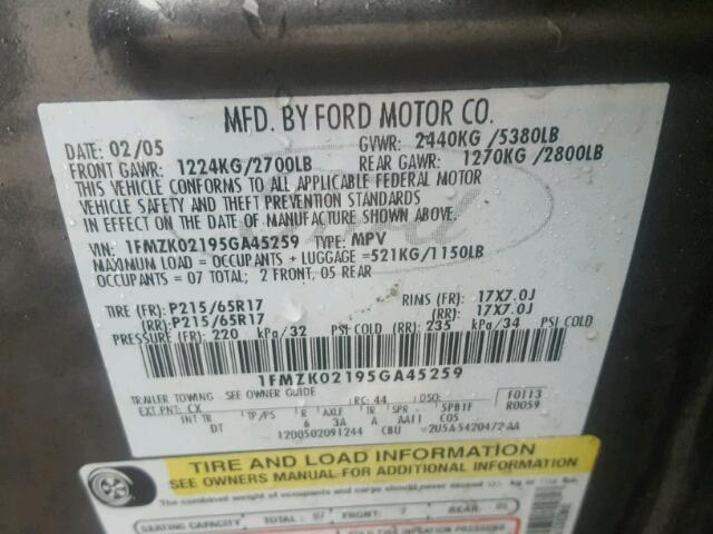 1FMZK02195GA45259 - 2005 FORD FREESTYLE GRAY photo 10