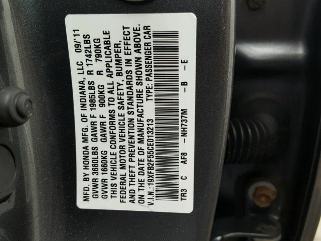 19XFB2F55CE013213 - 2012 HONDA CIVIC LX GRAY photo 10