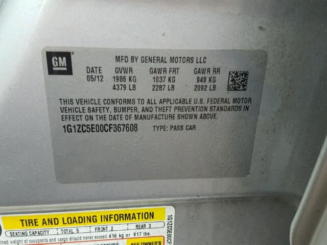 1G1ZC5E00CF367608 - 2012 CHEVROLET MALIBU 1LT 银色 照片 10