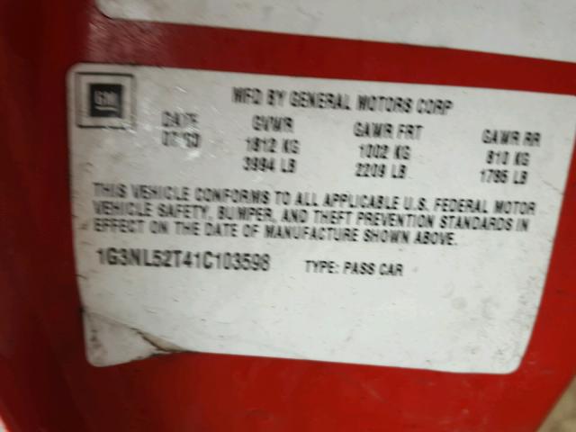 1G3NL52T41C103598 - 2001 OLDSMOBILE ALERO GL RED photo 10