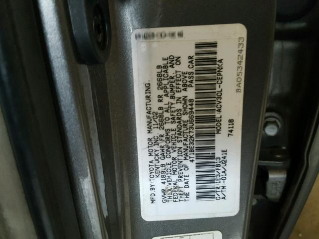 4T1BE32K73U669448 - 2003 TOYOTA CAMRY LE CHARCOAL photo 10