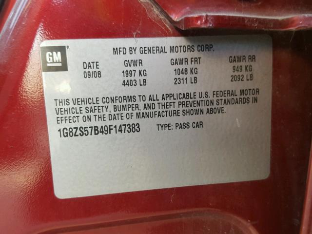 1G8ZS57B49F147383 - 2009 SATURN AURA XE RED photo 10