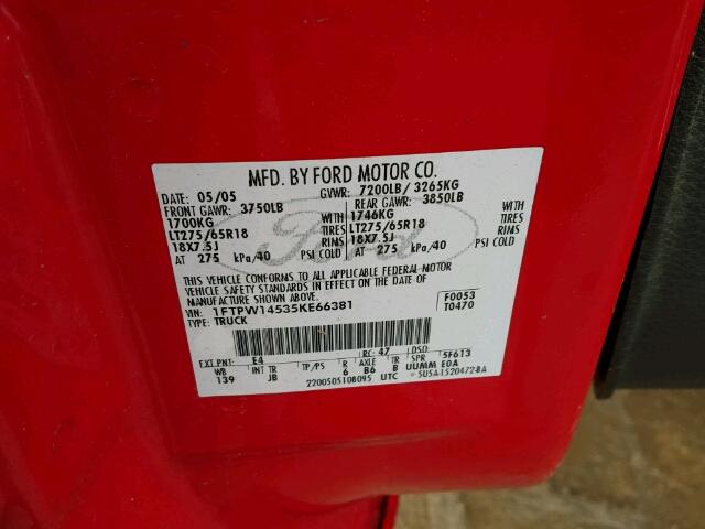 1FTPW14535KE66381 - 2005 FORD F150 SUPER RED photo 10