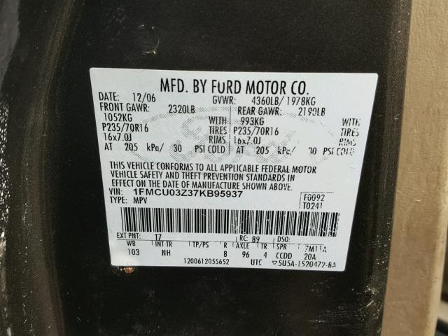 1FMCU03Z37KB95937 - 2007 FORD ESCAPE XLT CHARCOAL photo 10