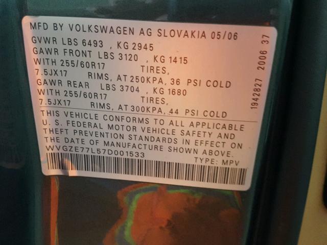 WVGZE77L57D001533 - 2007 VOLKSWAGEN TOUAREG V6 GREEN photo 10