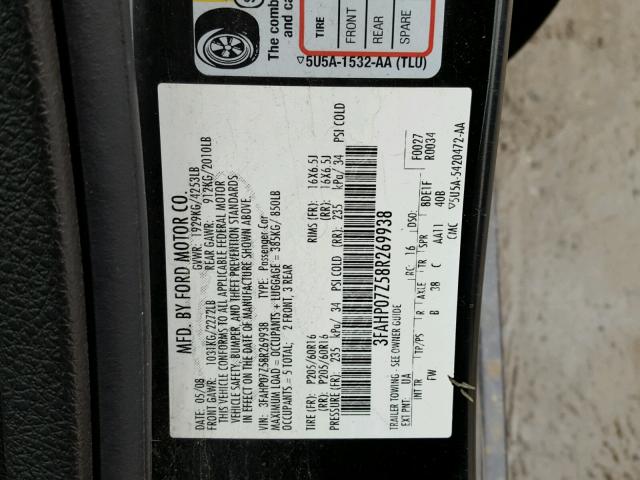 3FAHP07Z58R269938 - 2008 FORD FUSION SE BLACK photo 10