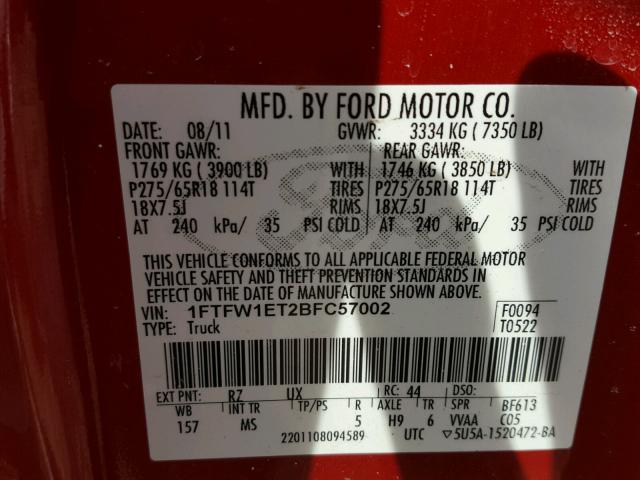 1FTFW1ET2BFC57002 - 2011 FORD F150 SUPER RED photo 10