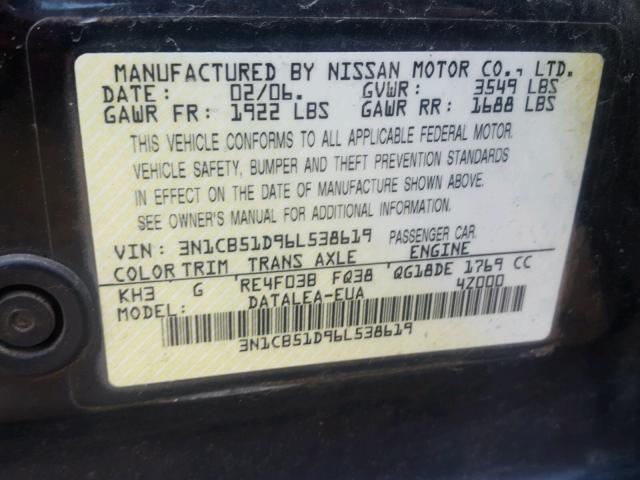 3N1CB51D96L538619 - 2006 NISSAN SENTRA 1.8 BLACK photo 10