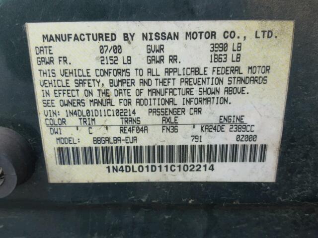 1N4DL01D11C102214 - 2001 NISSAN ALTIMA XE GREEN photo 10