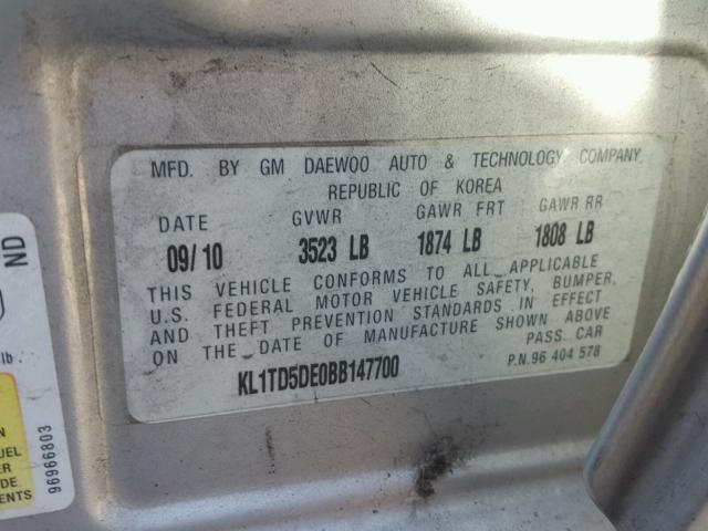 KL1TD5DE0BB147700 - 2011 CHEVROLET AVEO LS 银色 照片 10