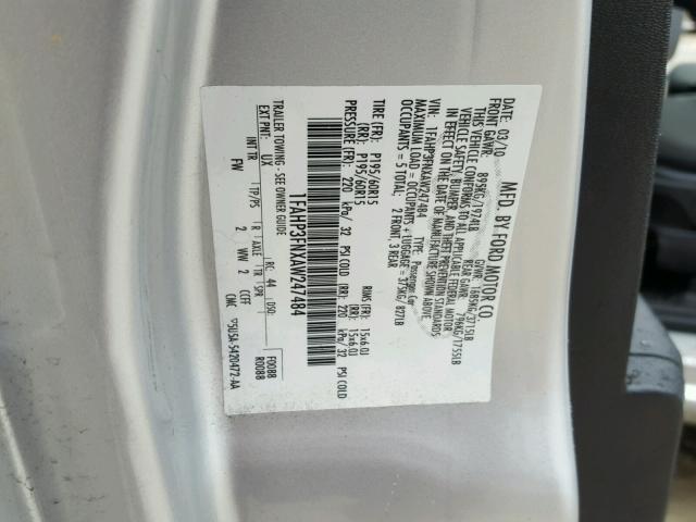 1FAHP3FNXAW247484 - 2010 FORD FOCUS SE SILVER photo 10