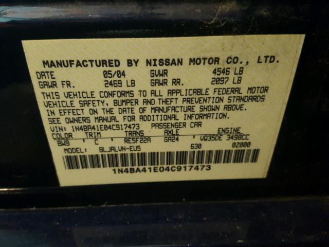 1N4BA41E04C917473 - 2004 NISSAN MAXIMA SE BLUE photo 10