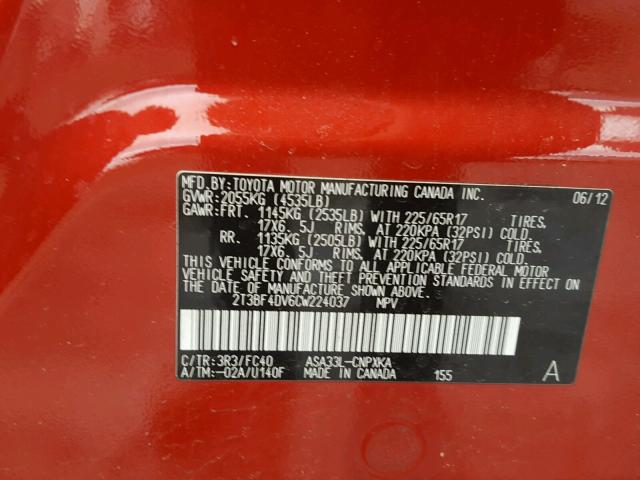 2T3BF4DV6CW224037 - 2012 TOYOTA RAV4 RED photo 10