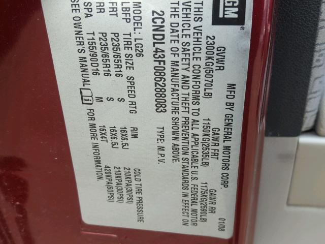 2CNDL43F086288083 - 2008 CHEVROLET EQUINOX LT MAROON photo 10