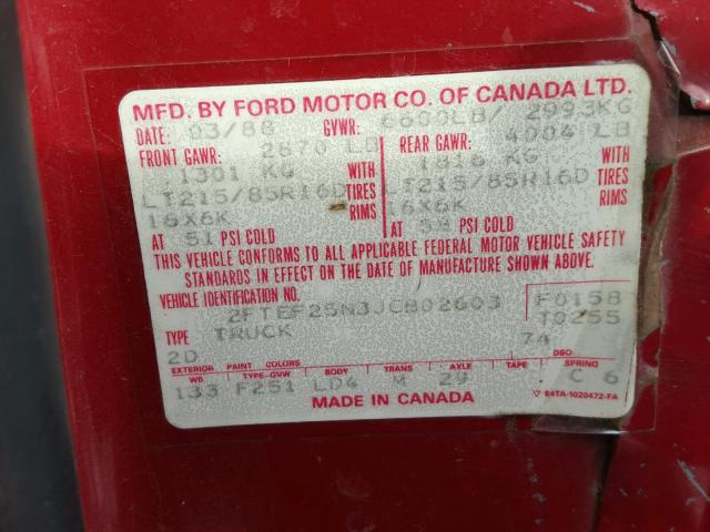 2FTEF25N3JCB02603 - 1988 FORD F250 RED photo 10