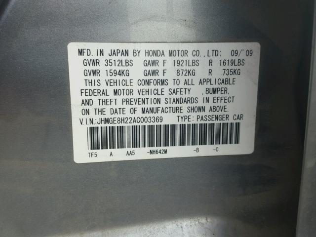 JHMGE8H22AC003369 - 2010 HONDA FIT SILVER photo 10