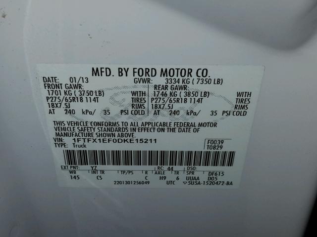 1FTFX1EF0DKE15211 - 2013 FORD F150 SUPER WHITE photo 10