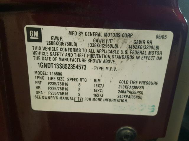 1GNDT13S852354573 - 2005 CHEVROLET TRAILBLAZE MAROON photo 10