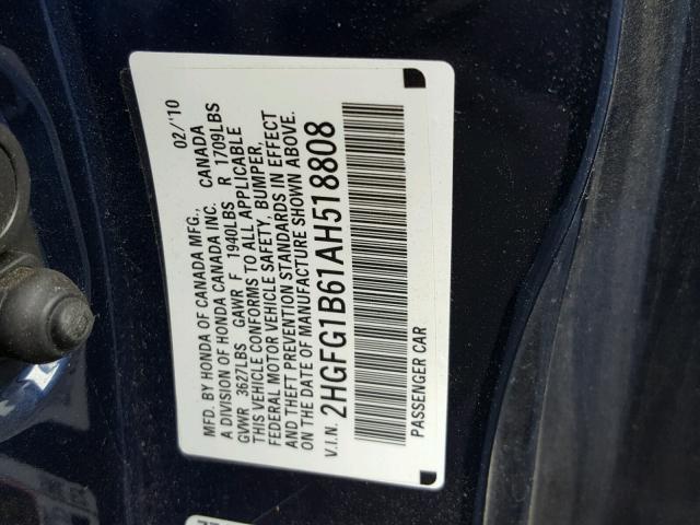 2HGFG1B61AH518808 - 2010 HONDA CIVIC LX BLUE photo 10