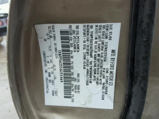 1FAFP56255A255469 - 2005 FORD TAURUS SEL BEIGE photo 10