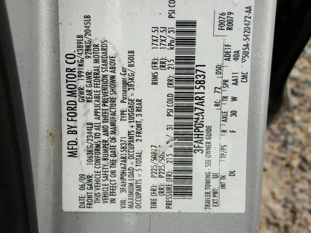 3FAHP0HA7AR158371 - 2010 FORD FUSION SE SILVER photo 10