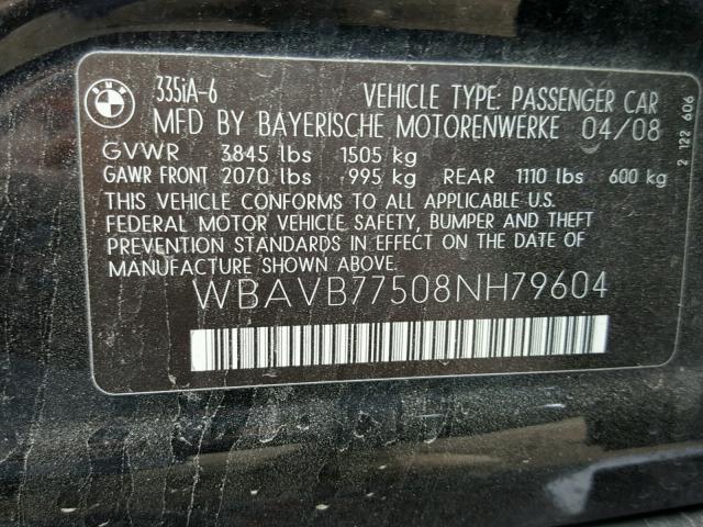 WBAVB77508NH79604 - 2008 BMW 335 I BLACK photo 10