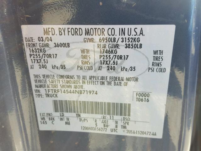 1FTRF14544NB71974 - 2004 FORD F150 BLUE photo 10