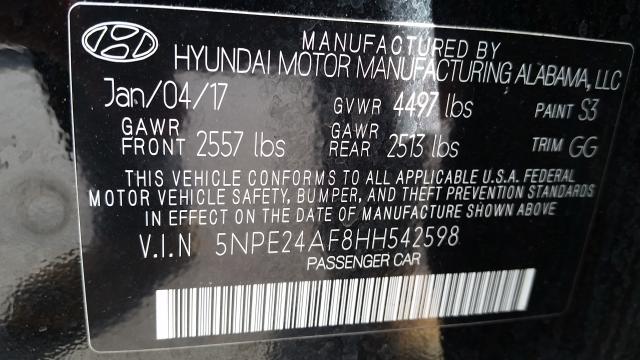 5NPE24AF8HH542598 - 2017 HYUNDAI SONATA SE BLACK photo 10