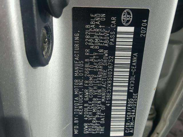 4T1BE32K85U036752 - 2005 TOYOTA CAMRY LE SILVER photo 10