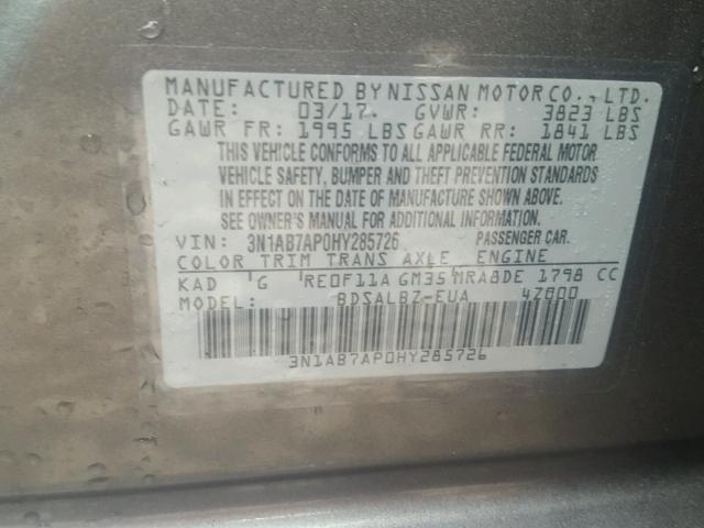 3N1AB7AP0HY285726 - 2017 NISSAN SENTRA S GRAY photo 10