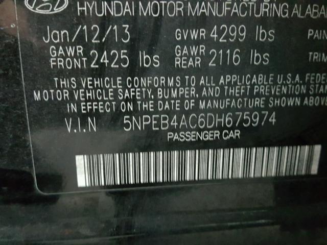 5NPEB4AC6DH675974 - 2013 HYUNDAI SONATA GLS BLACK photo 10